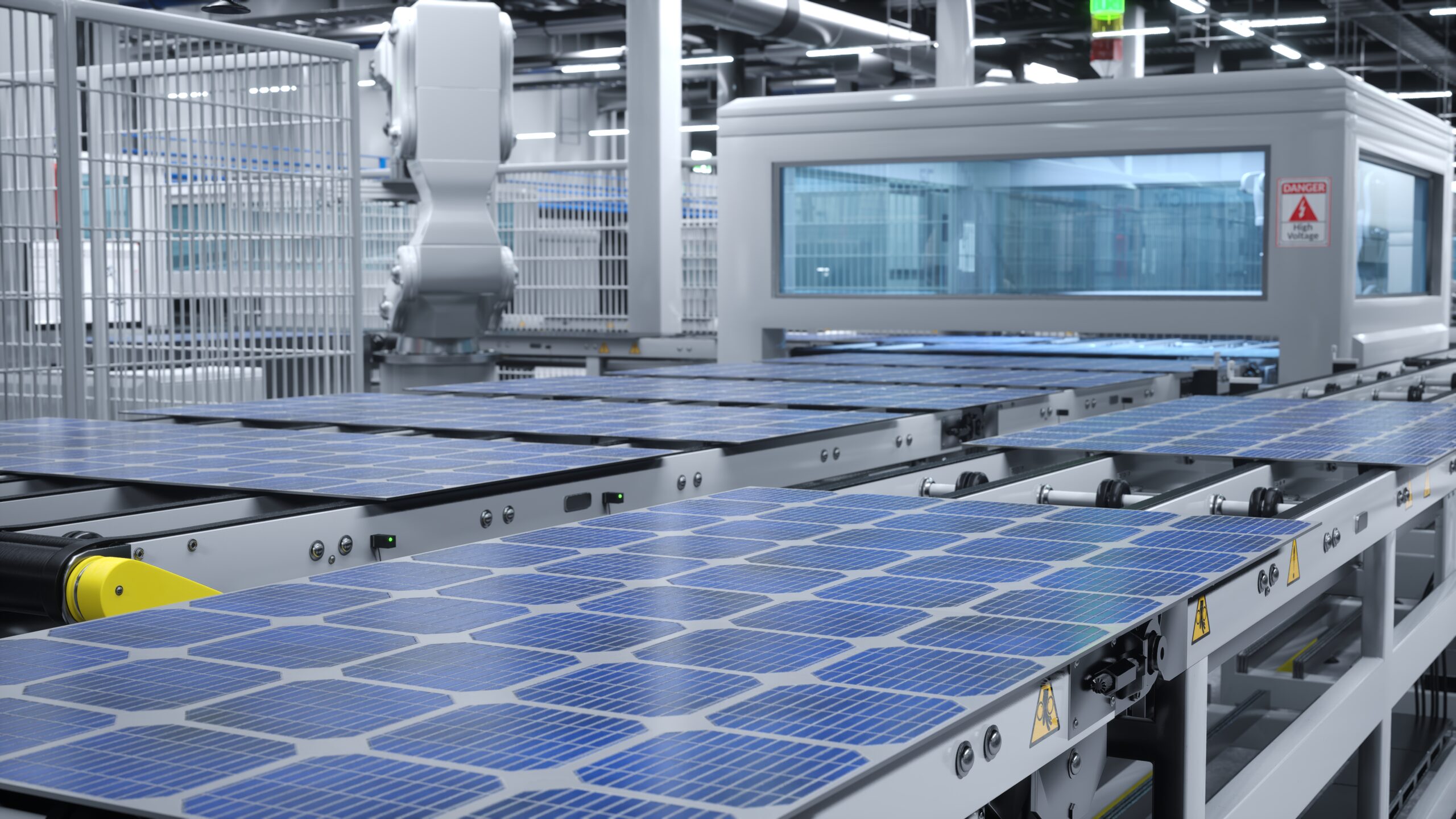 Robot arms in handling photovoltaic modules on large assembly lines, 3D render